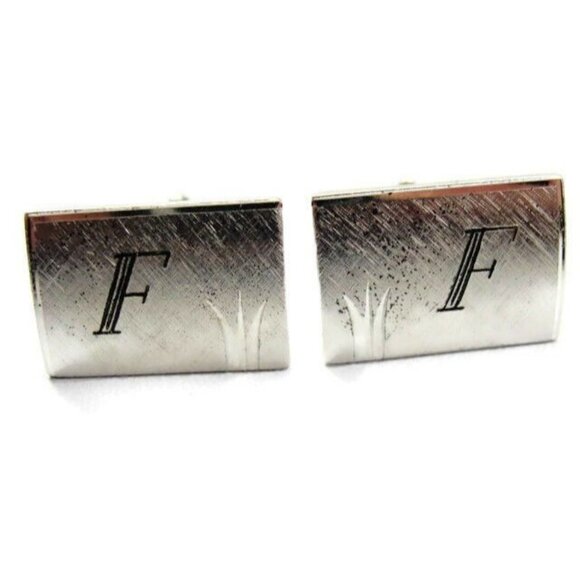 "F" Monogram Anson Cufflinks Vintage Sterling Silver 925 Patina Tux Shirt Dress - Picture 1 of 9